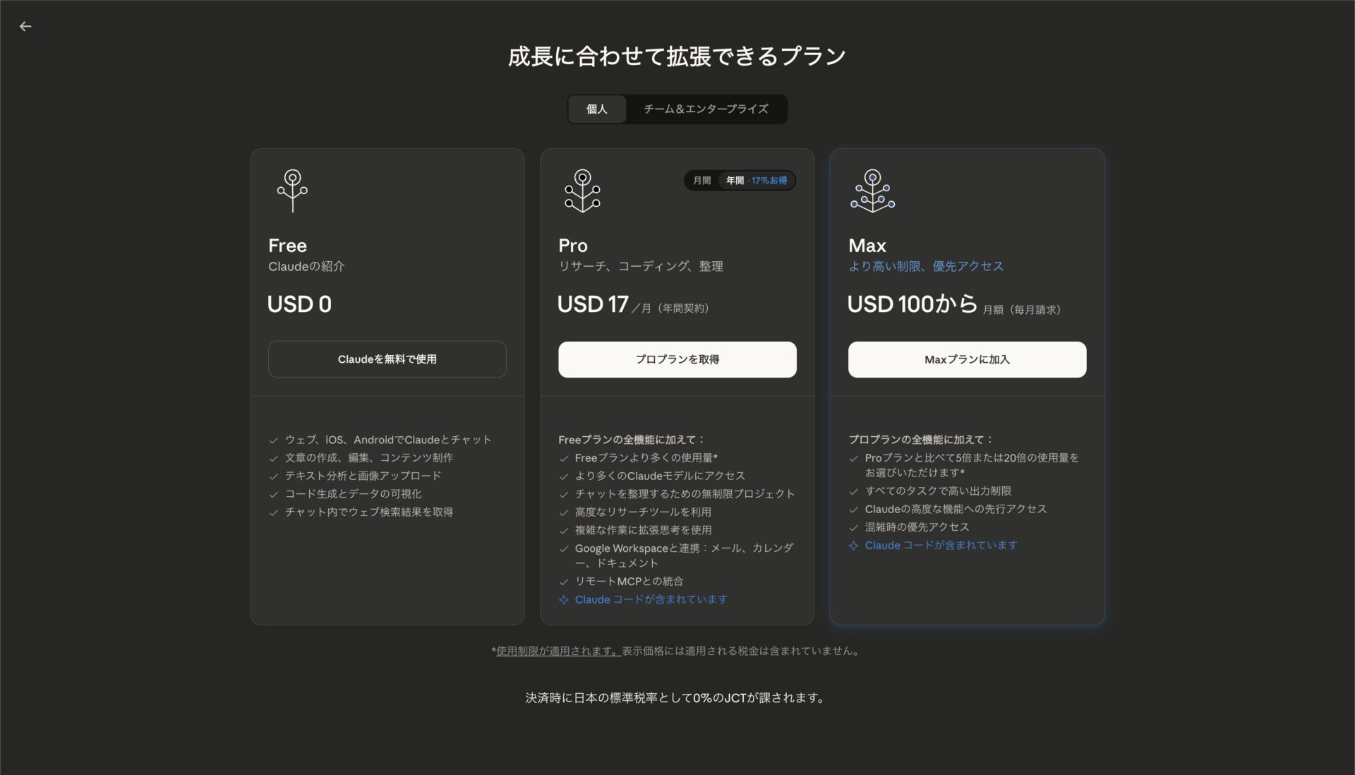 Claudeのプラン選択画面