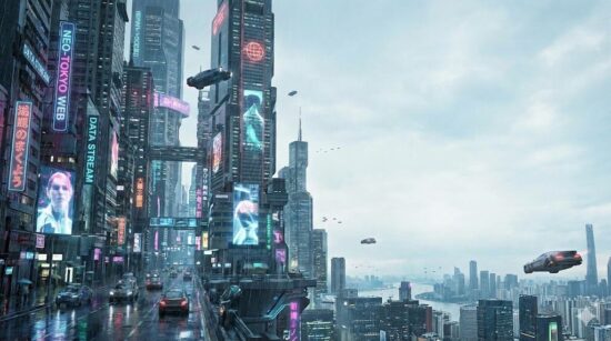 Nano Banana Proで生成された、細部まで緻密に描写された高解像度な近未来都市の景観。