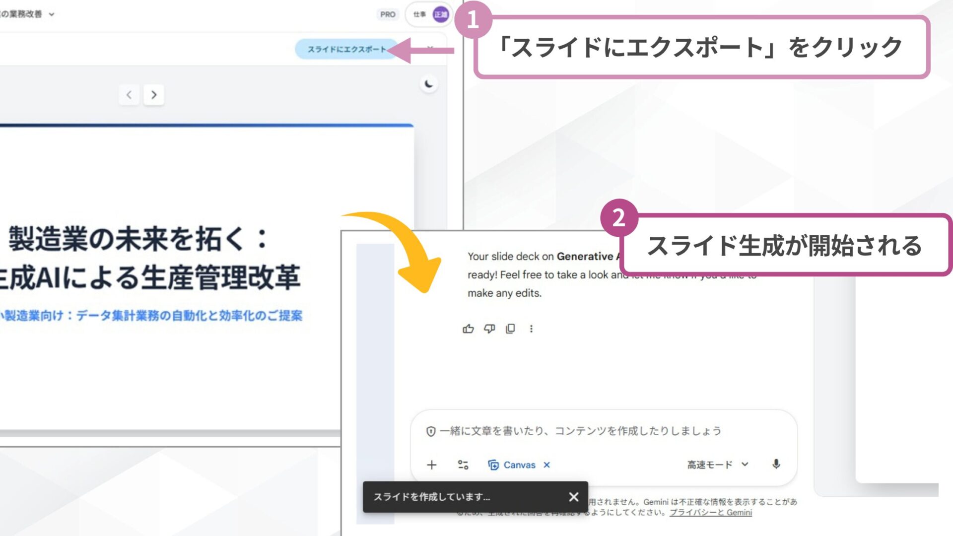 Geminiのスライド出力手順:1.スライドにエクスポートをクリック、2.生成開始