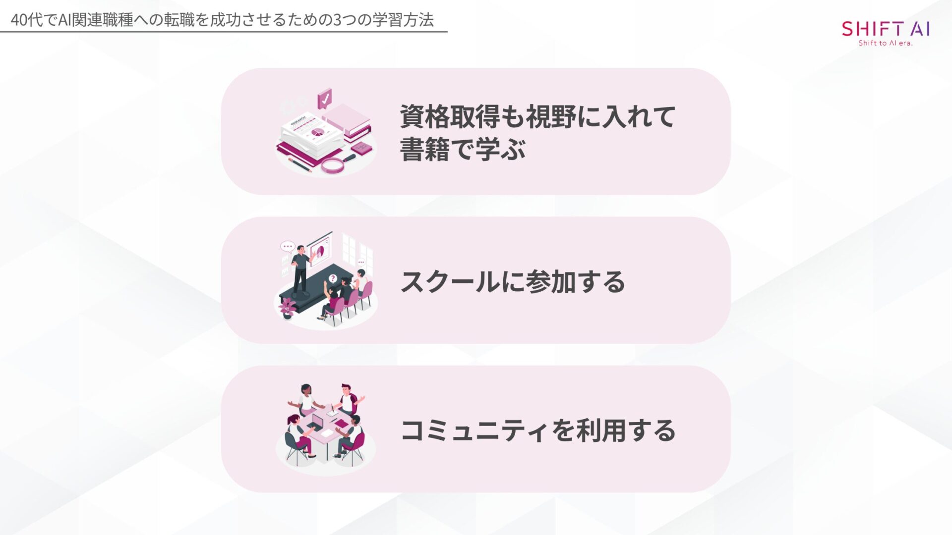 40代でAI関連職種への転職を成功させるための学習方法(資格取得も視野に入れて書籍で学ぶ/スクールに参加する/コミュニティを利用する)