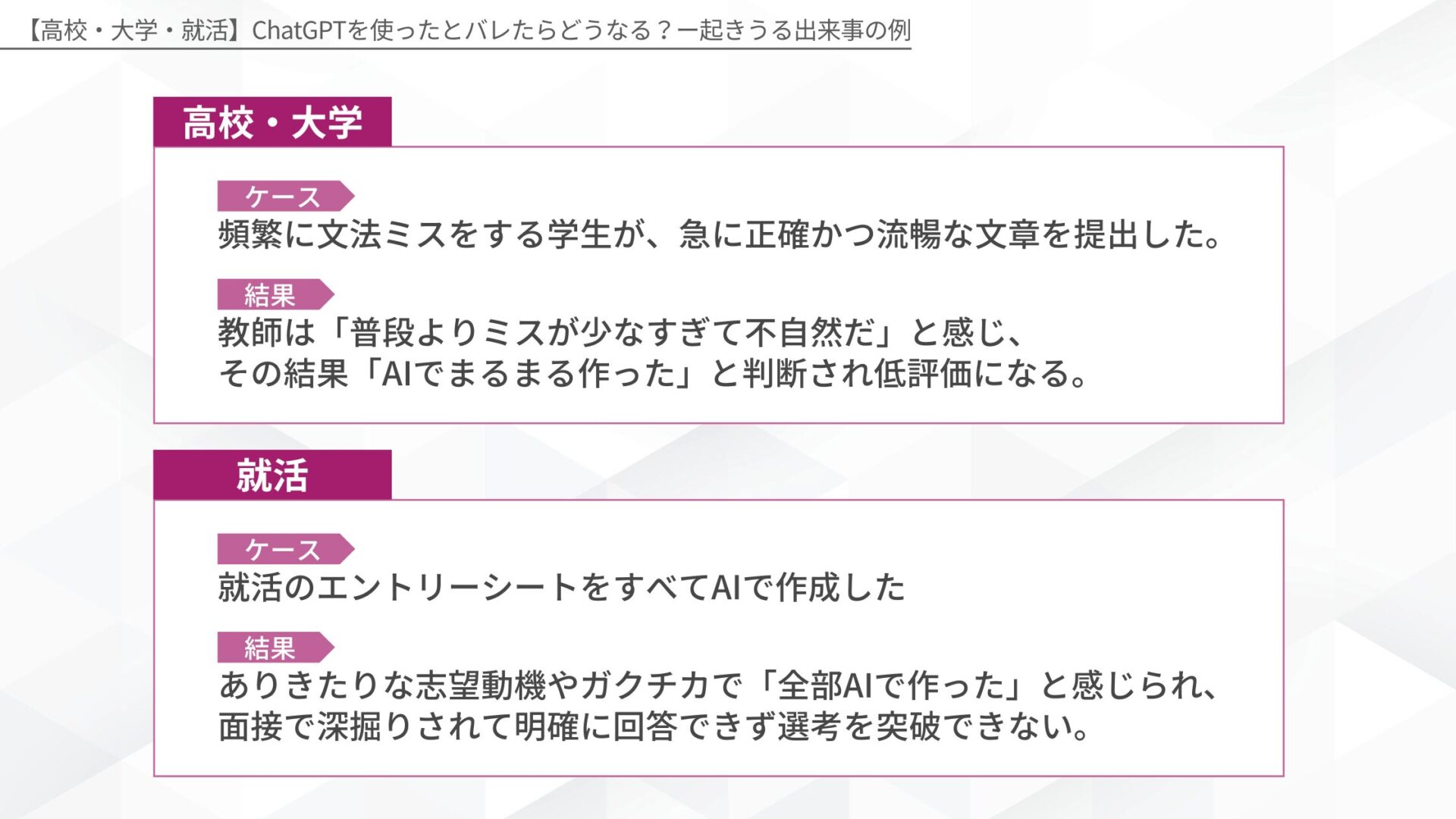 【高校・大学・就活】ChatGPTを使ったとバレたらどうなる?ー起きうる出来事の例