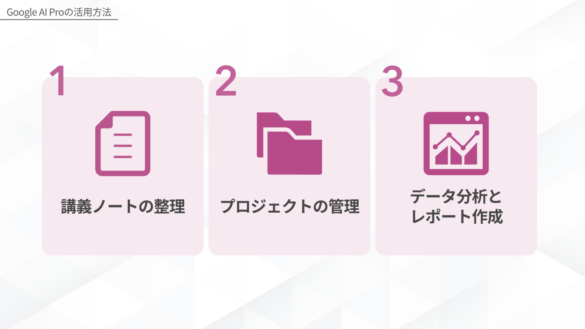 Google AI Proの活用方法(講義ノートの整理プロジェクトの管理データ分析とレポート作成)