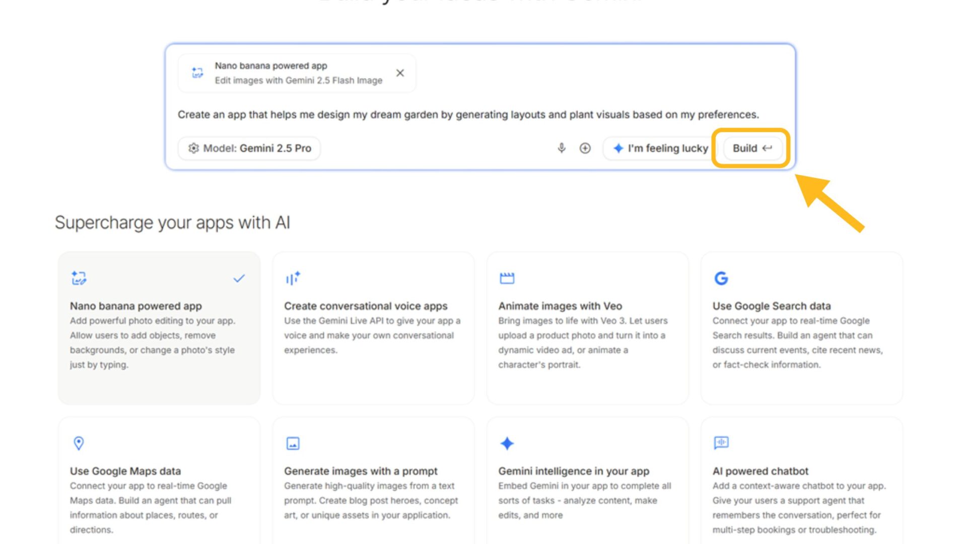 Google AI StudioでVibe Codingを使う方法(ステップ3:使用するカードとプロンプトを入力する-「I’m feeling lucky」を選択して生成されたプロンプトを送信する)