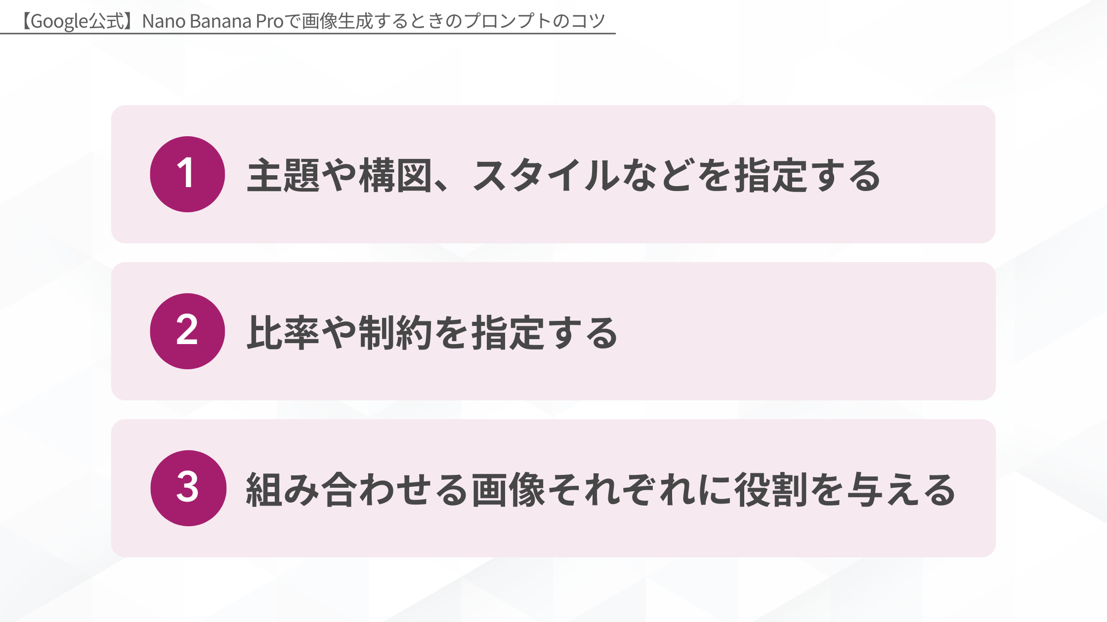 Google公式のNano Banana Proで画像生成するときのプロンプトのコツを示す図解