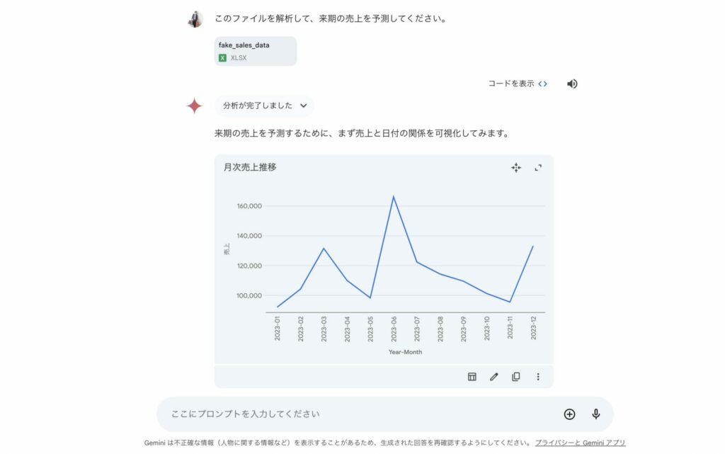 GeminiでPythonを使った分析をしている画像
