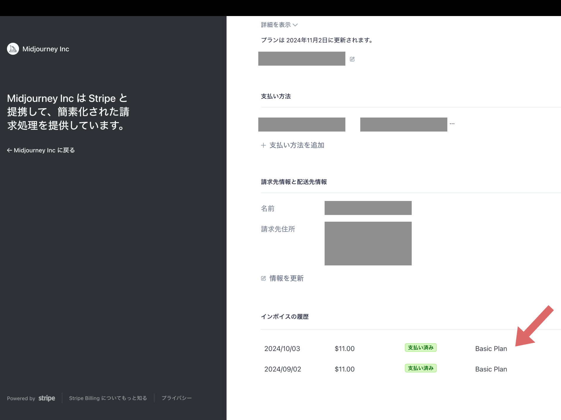 「View Invoices」をクリックすると支払い情報が表示される