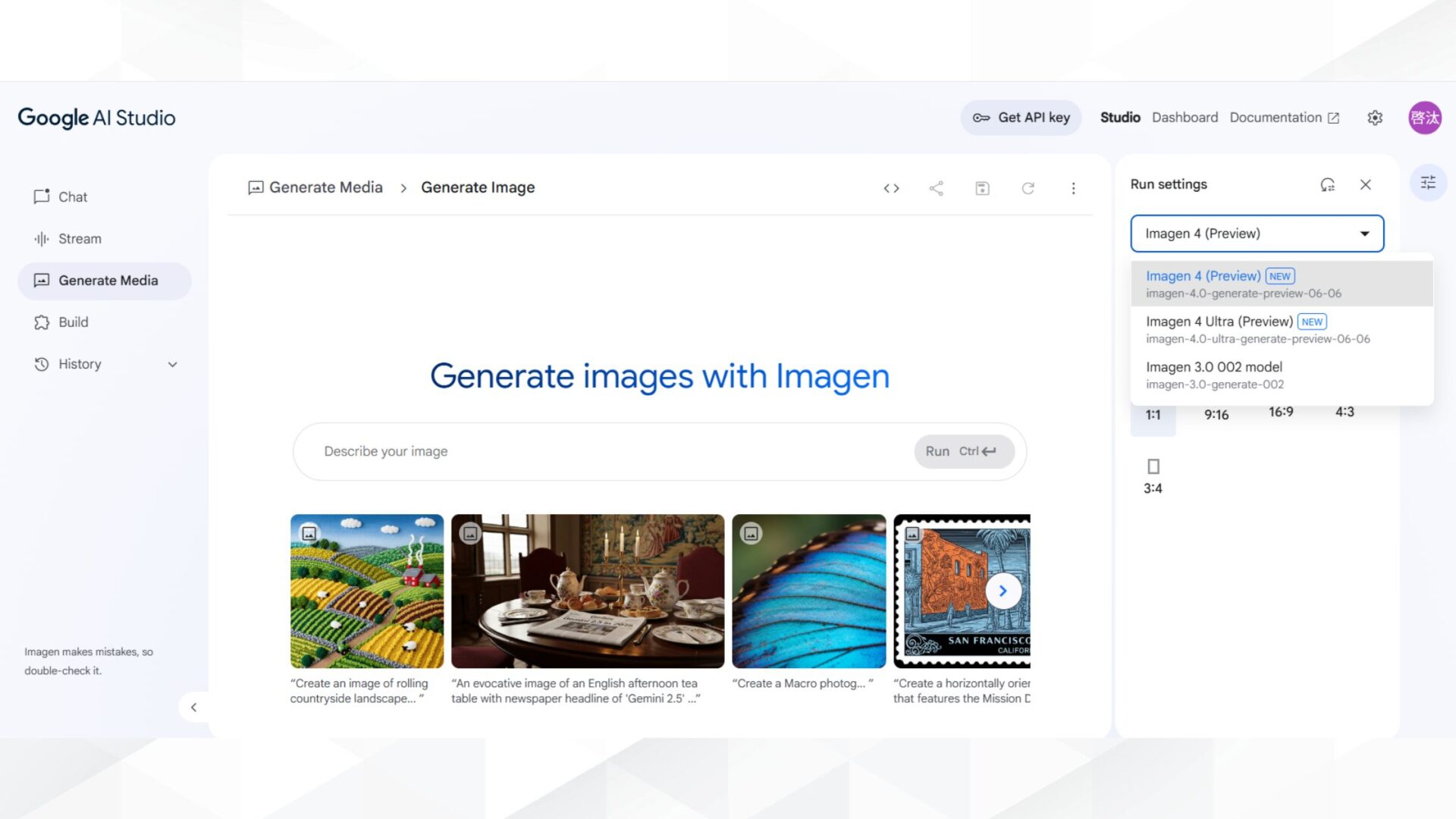 Imagenシリーズで画像を生成する方法(ステップ2：モデル「Imagen 4（Preview）」を選択する-「Run setting」からモデルを選択)