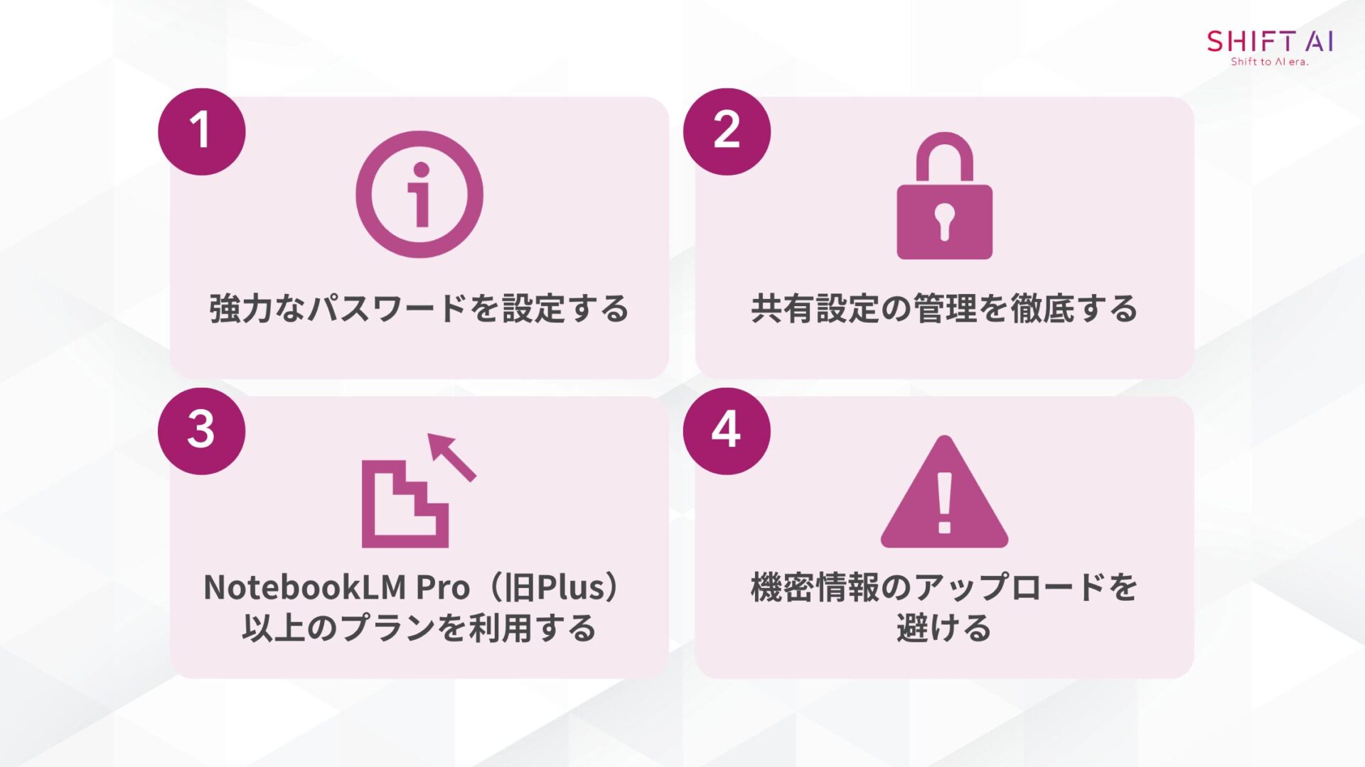 NotebookLMで情報漏えいをしないための4つの対策法(強力なパスワードを設定する/共有設定の管理を徹底する/NotebookLM Pro(旧Plus)以上のプランを利用する/機密情報のアップロードを避ける)