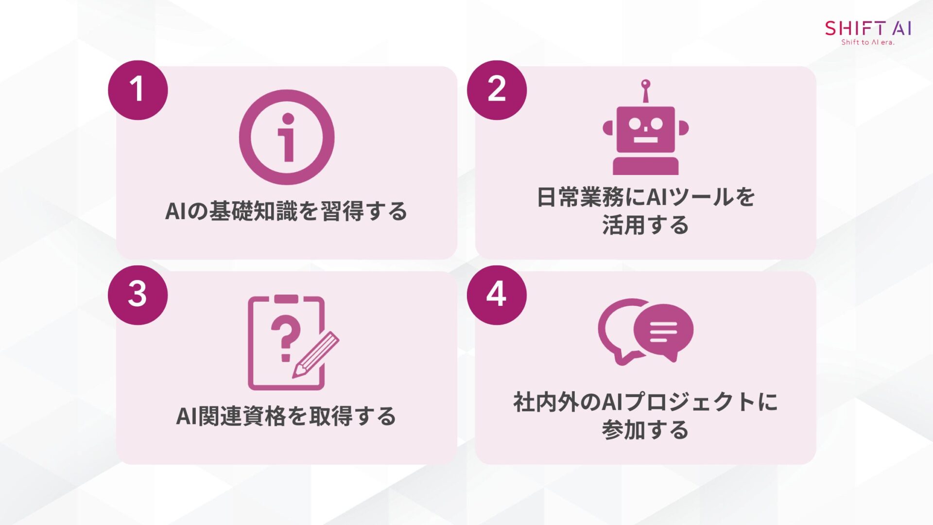 AIを活用してキャリアアップする4つの方法(AIの基礎知識を習得する日常業務にAIツールを活用するAI関連資格を取得する社内外のAIプロジェクトに参加する)