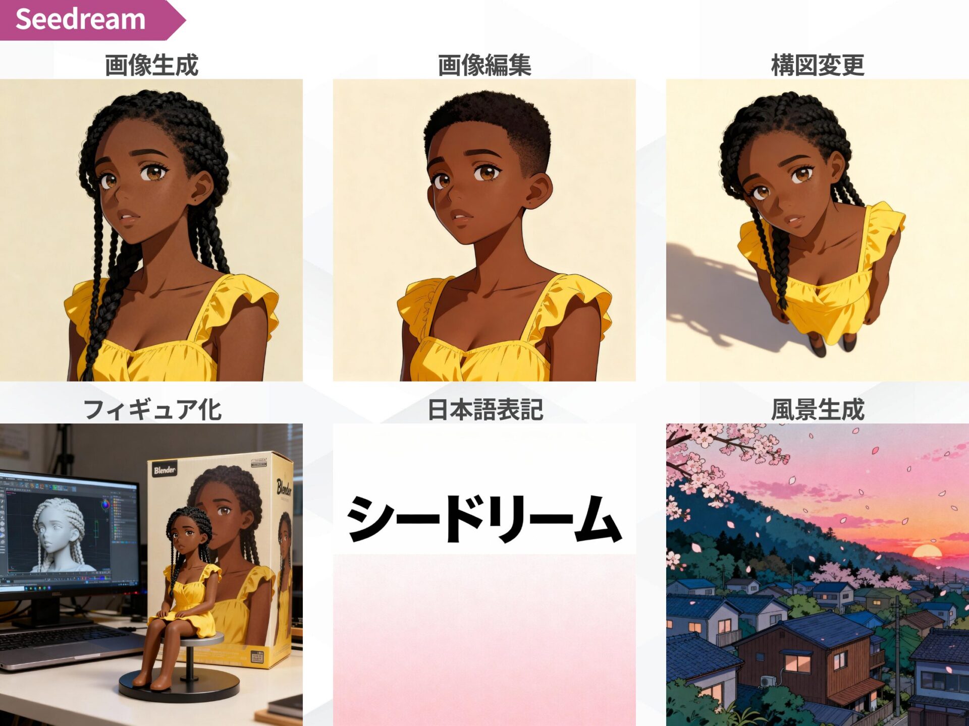 Seedreamの主な機能6選:画像生成、画像編集、構図変更、フィギュア化、日本語表記、風景生成
