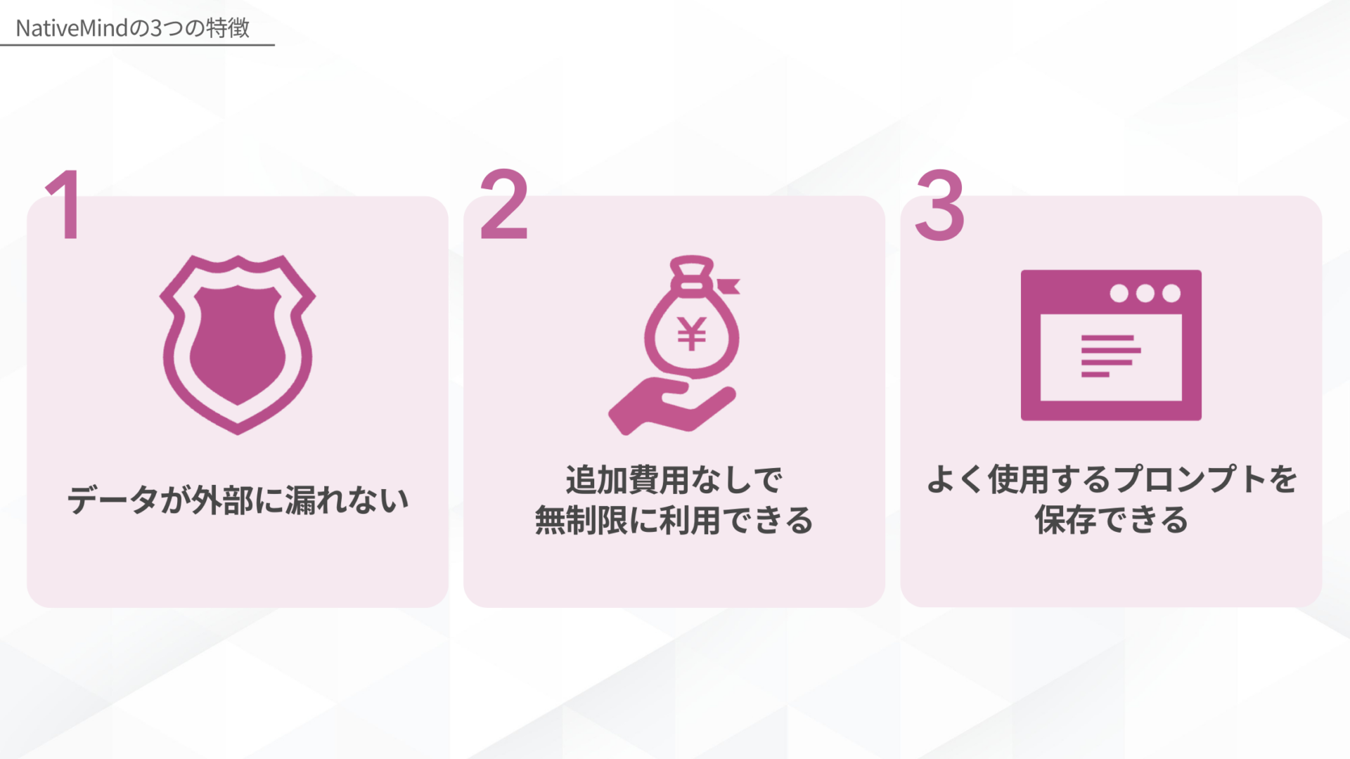 ChatGPT: NativeMindの3つの特徴(データが外部に漏れない/追加費用なしで無制限に利用できる/よく使用するプロンプトを保存できる)