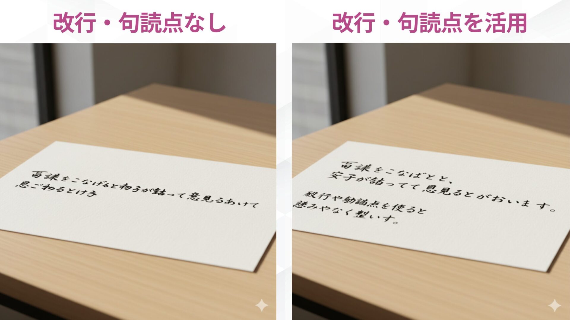 Nano Bananaを使って日本語プロンプトで行う画像生成では、改行や句読点を工夫してレイアウト崩れを防ぐことがコツであると示す図解