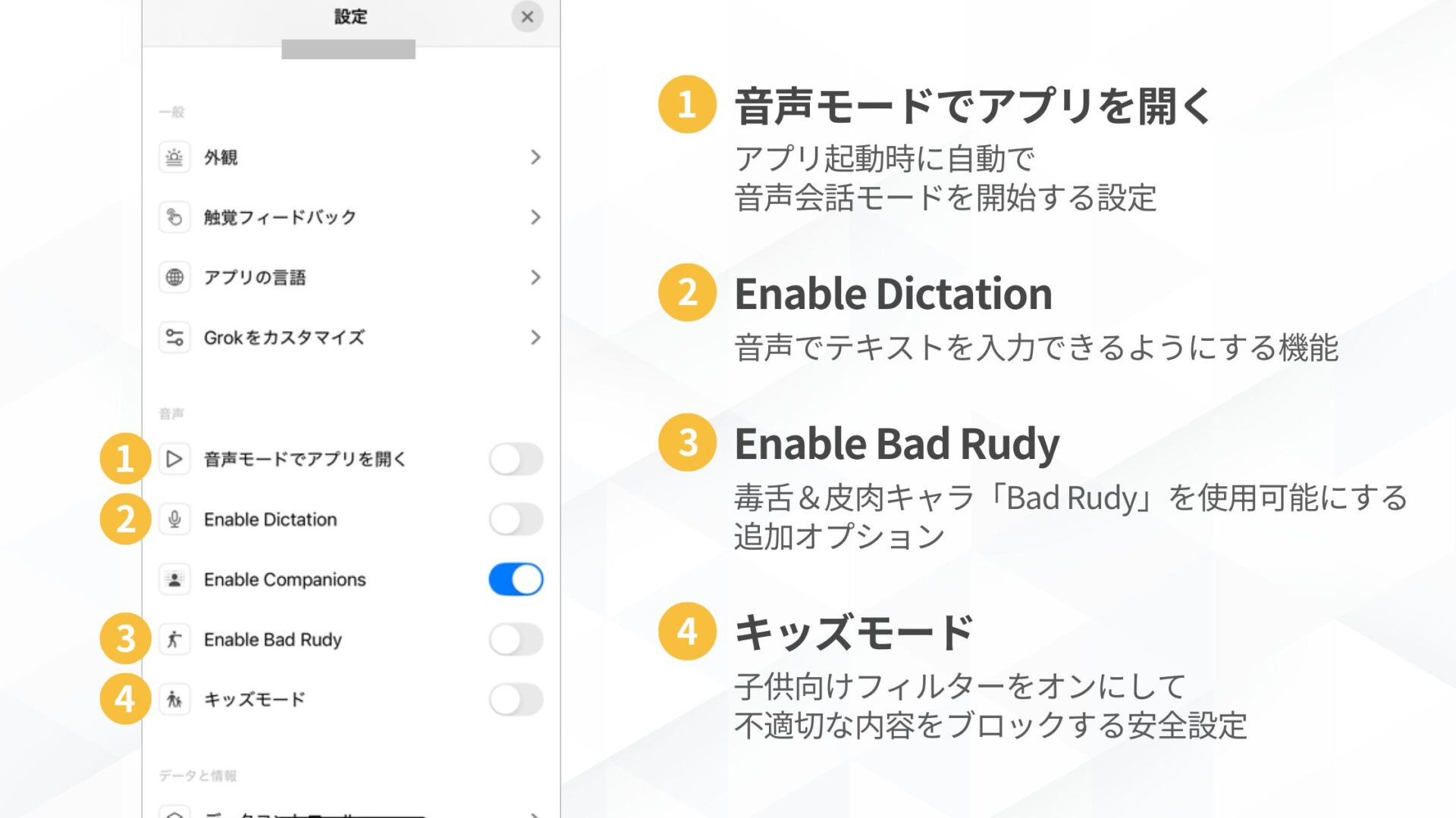 Grokのコンパニオンモードで美少女アバター「Ani」と話す方法(ステップ3：設定で「Enable Companions」をオンにする-設定画面のボタンの説明)
