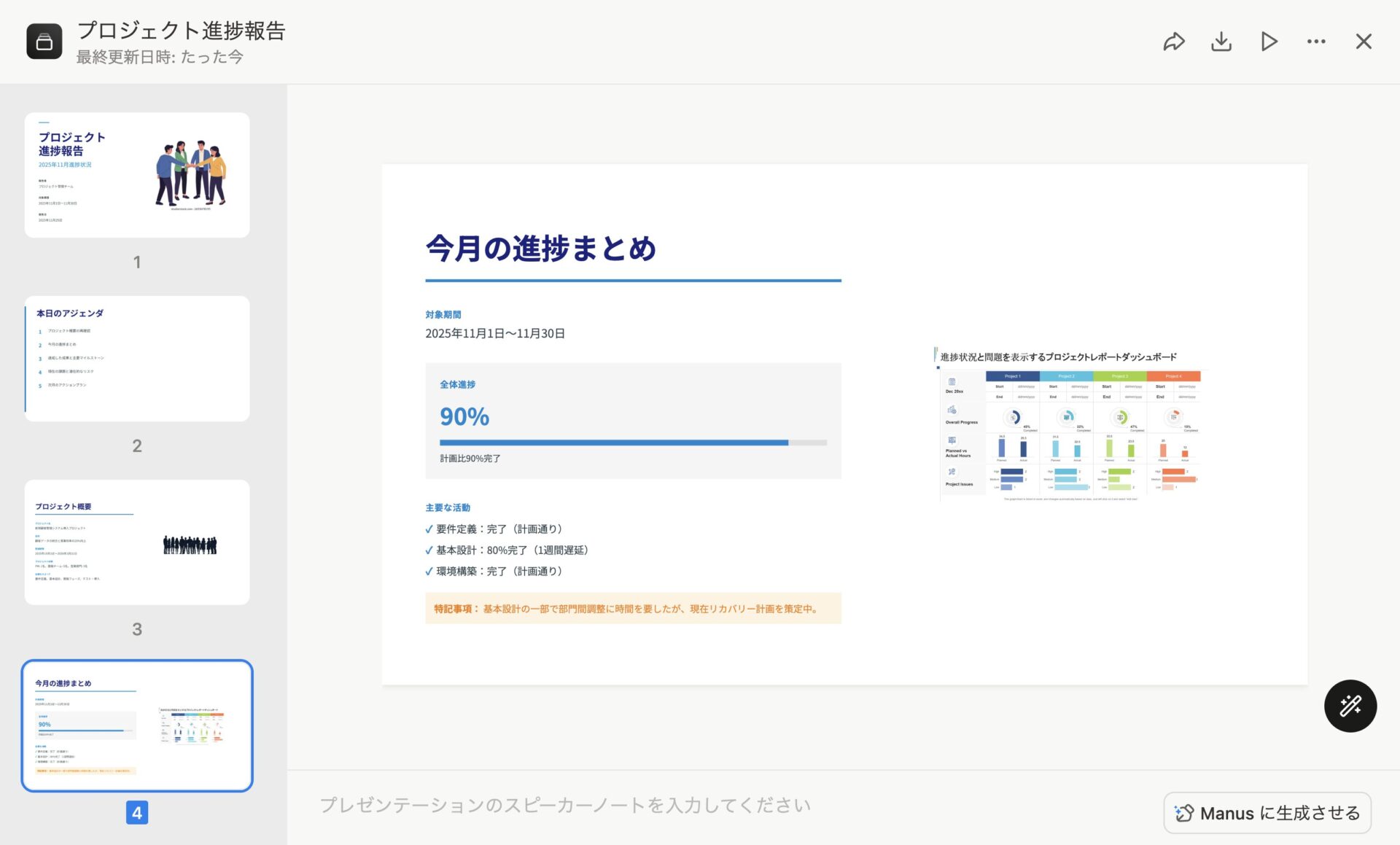 Manusで社内報告用のスライドを生成したいときに使えるプロンプトを使った生成結果