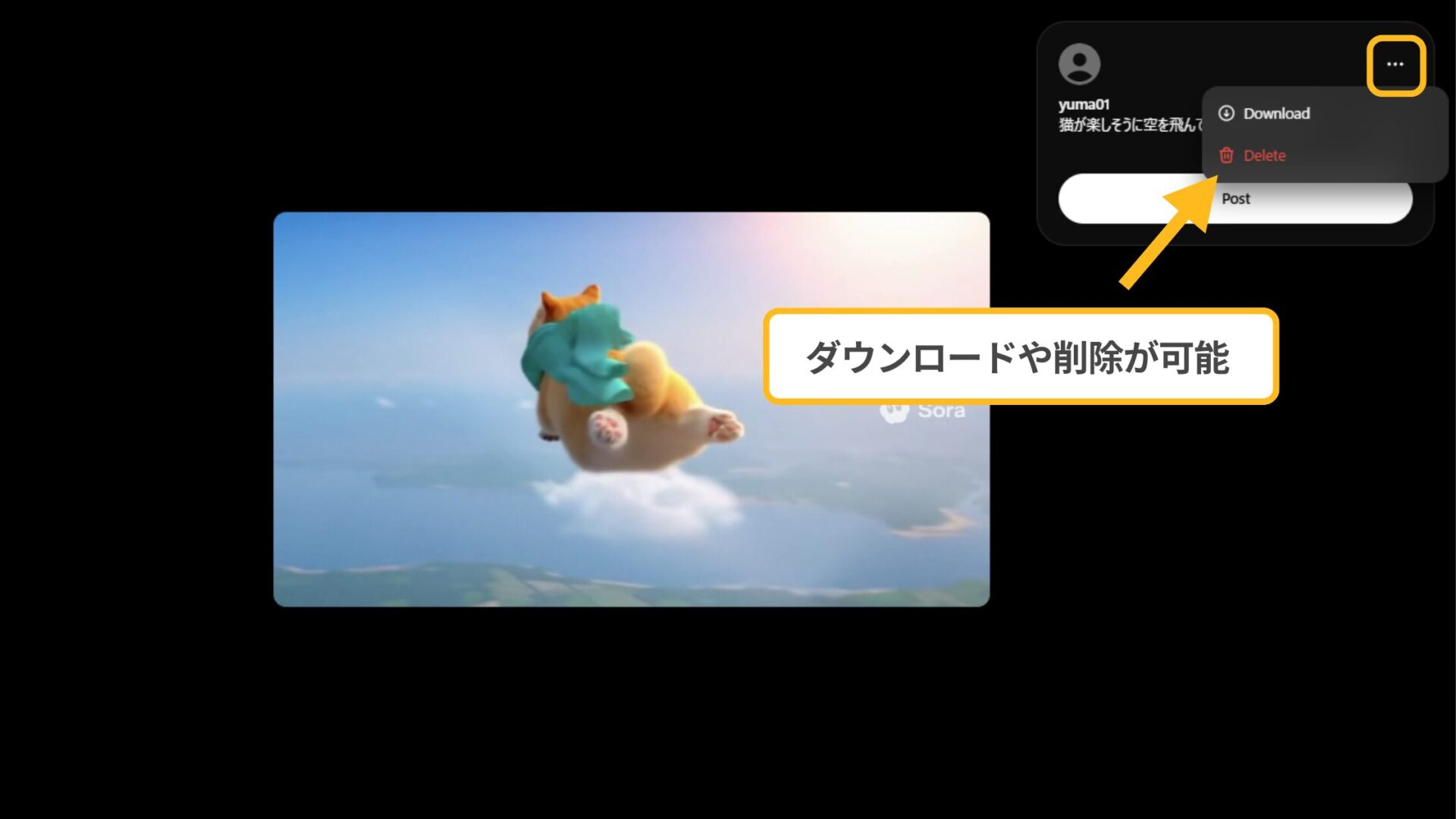 AI YouTuberの作成方法：Soraで生成した動画のダウンロードや削除をする画面のスクリーンショット