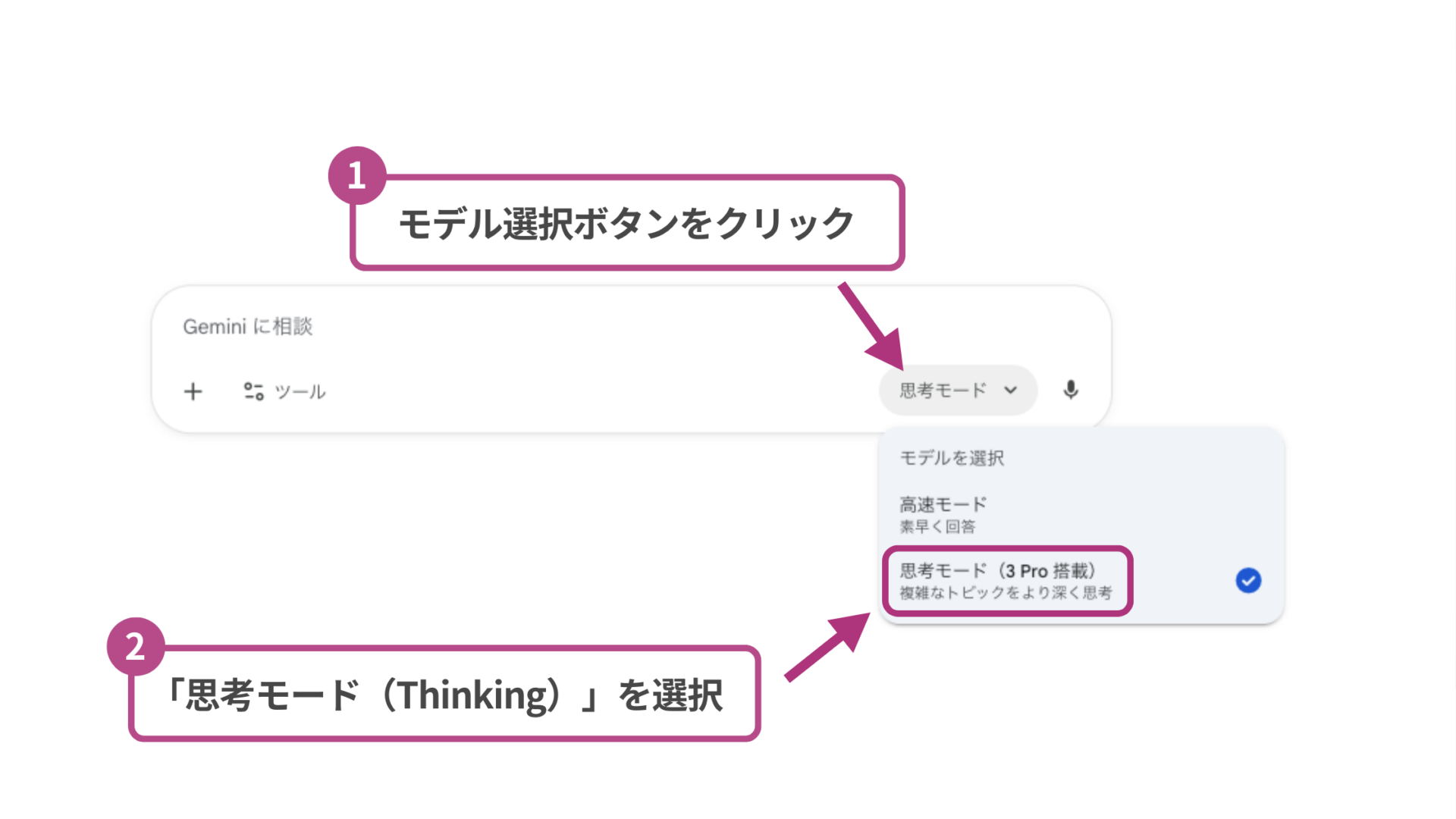 Nano Banana利用に必要なGeminiのモデル変更手順:モデル選択ボタンから「思考モード」を選択