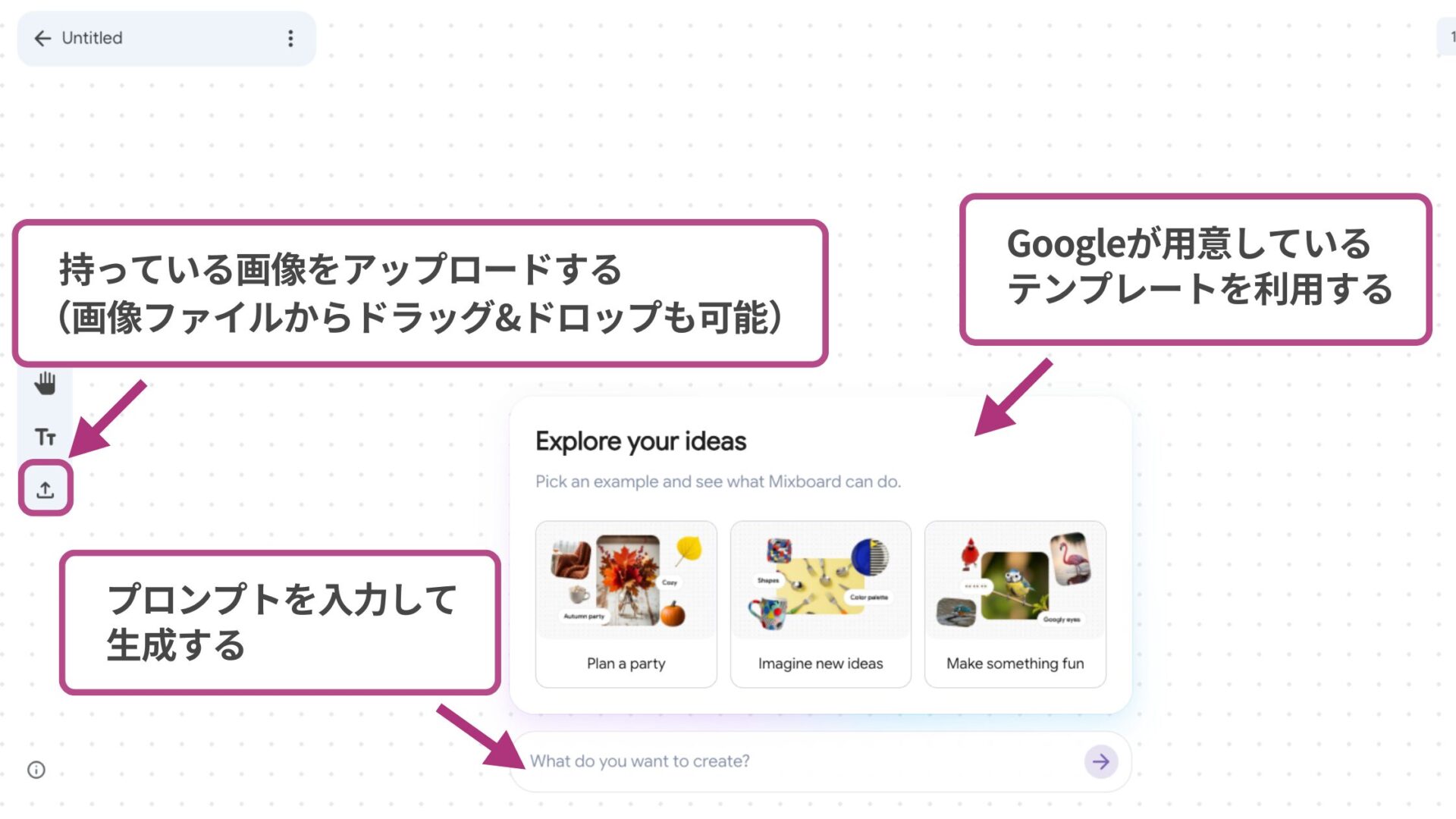 Google Mixboardで新規ボードを開いて編集する画像を生成・アップロードする様子を示した図解