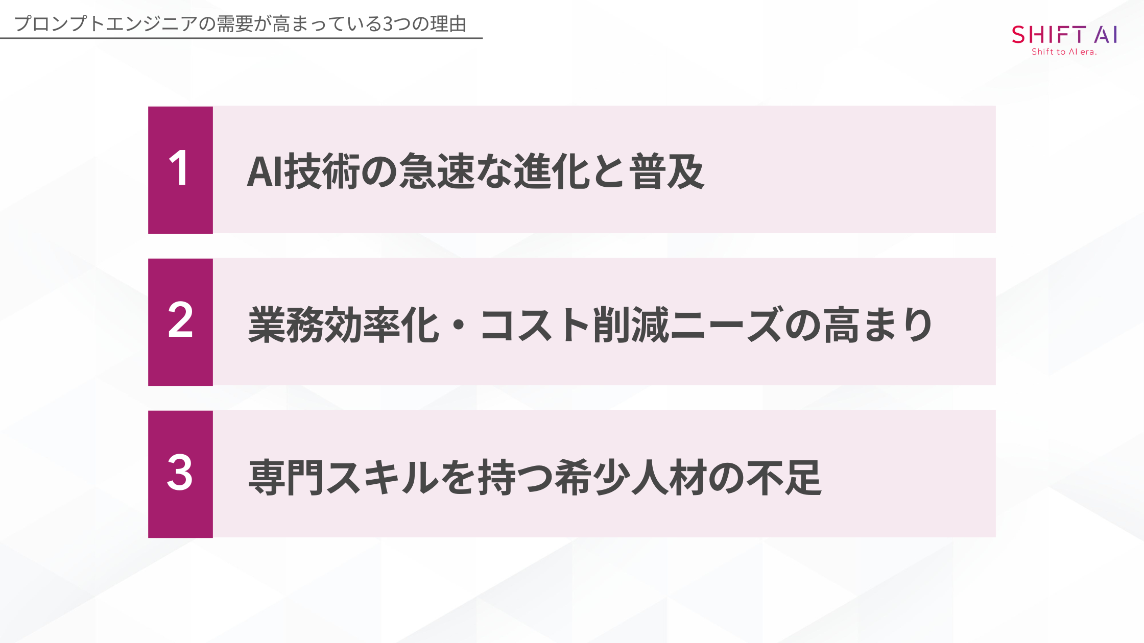 プロンプトエンジニアの需要が高まっている3つの理由(AI技術の急速な進化と普及/業務効率化・コスト削減ニーズの高まり/専門スキルを持つ希少人材の不足)