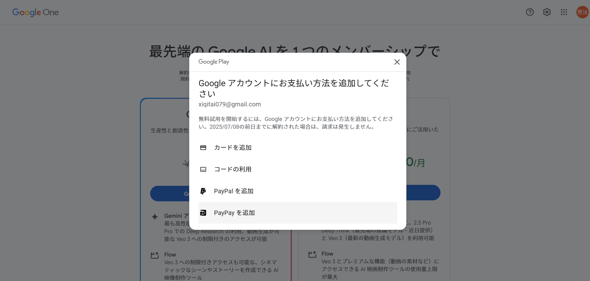 Google AI Proへ加入する際の支払い方法の入力画面