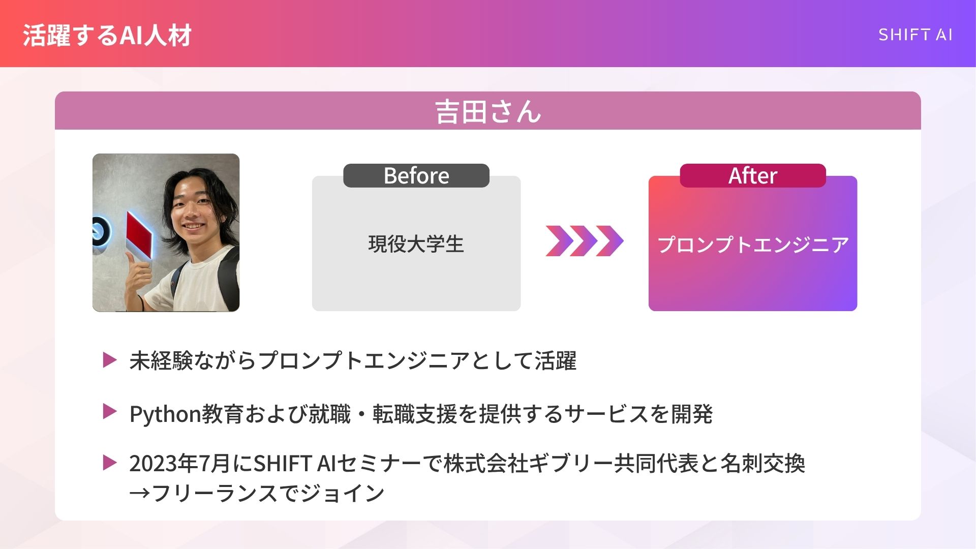 未経験でプロンプトエンジニアにキャリアチェンジした方の事例(現役大学生からプロンプトエンジニアに|吉田さんの事例)