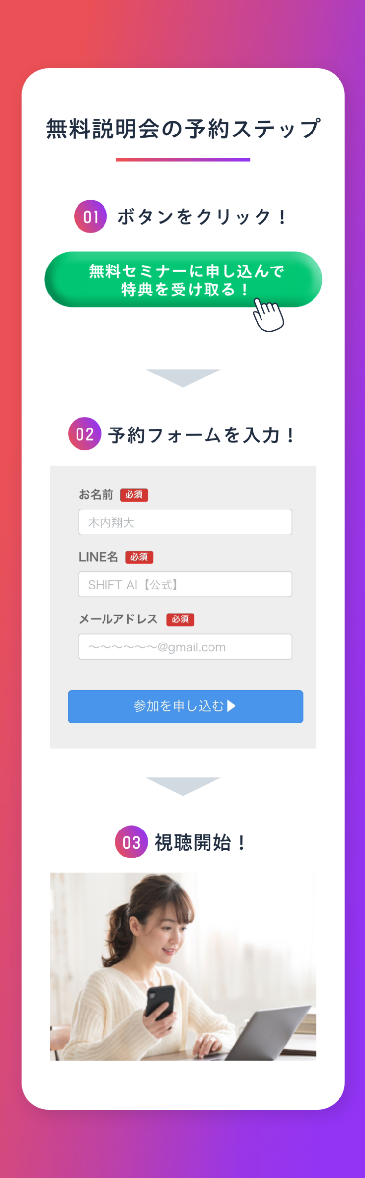 無料説明会の予約ステップ