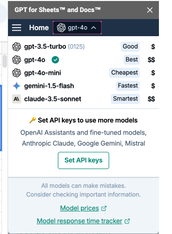 「GPT for Sheets and Docs」を開いて表示された画面上部のモデルをクリックし「Set API keys」をクリック