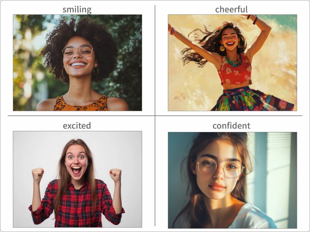 表情（明るい）にかかわるプロンプト（ワード）と実例