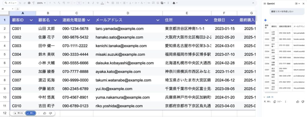スプレッドシートにてGeminiを用いて、「顧客リストを作成したい」と入力した結果2枚目