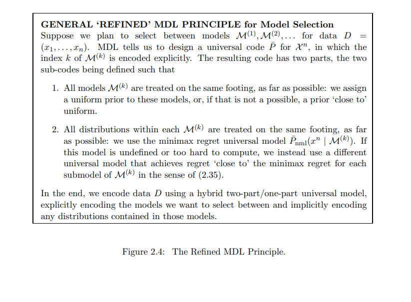 MDLの一般的な原理を簡潔に示しています。データDに対して最適なモデルM(k)を選択する際の2つの重要な指針を提示しています：
できる限り全てのモデルM(k)を公平に扱うこと。これは、モデルに対して一様な事前分布を割り当てるか、一様に近い分布を用いることで実現します。
各モデルM(k)内の全ての分布を可能な限り公平に扱うこと。これは、ミニマックス悔恨度を達成する普遍的モデルを使用することで実現します。