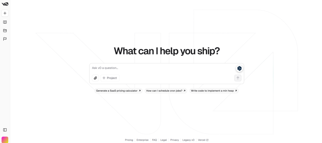 v0のトップページ画面。中央に「What can I help you ship?」と表示され、質問入力フィールドが配置されている。