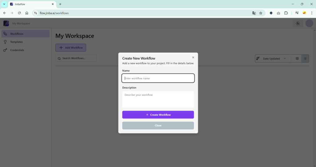 Jinbaflowの「Create New Workflow」画面。