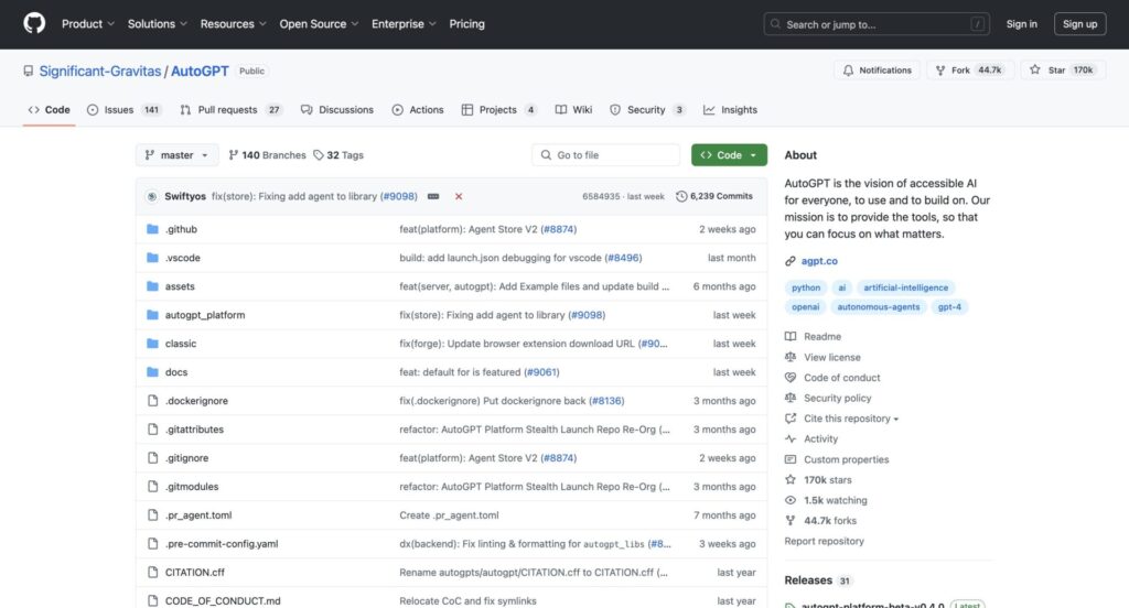 GitHubにあるAutoGPTのページ