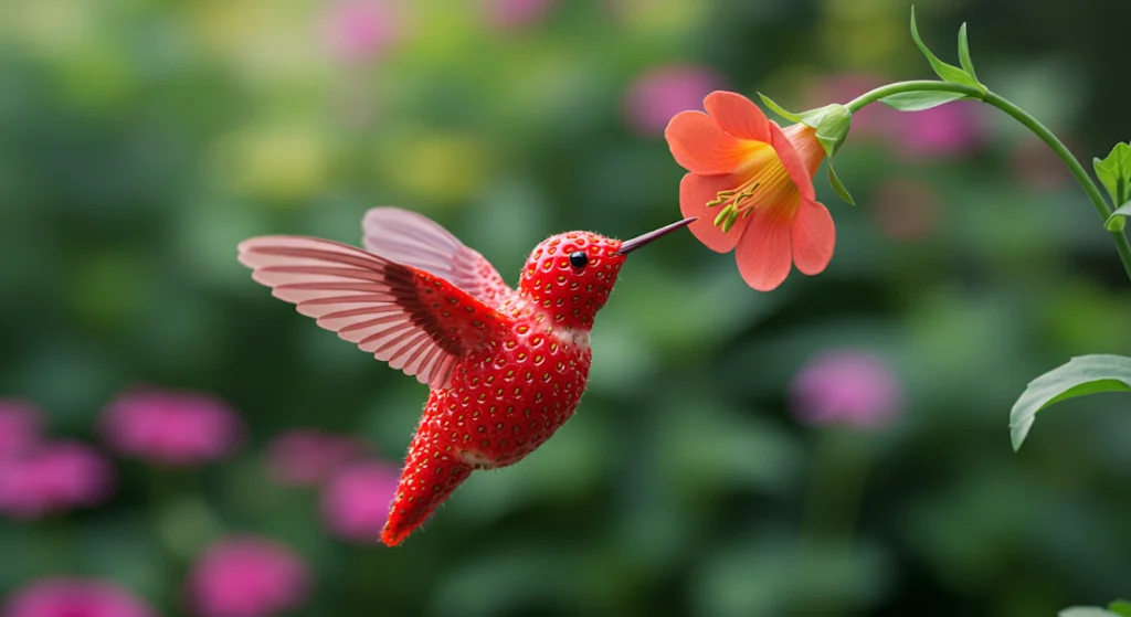 「飛行中のハチドリに似せたイチゴが花から蜜を吸う」というプロンプトで出力した画像