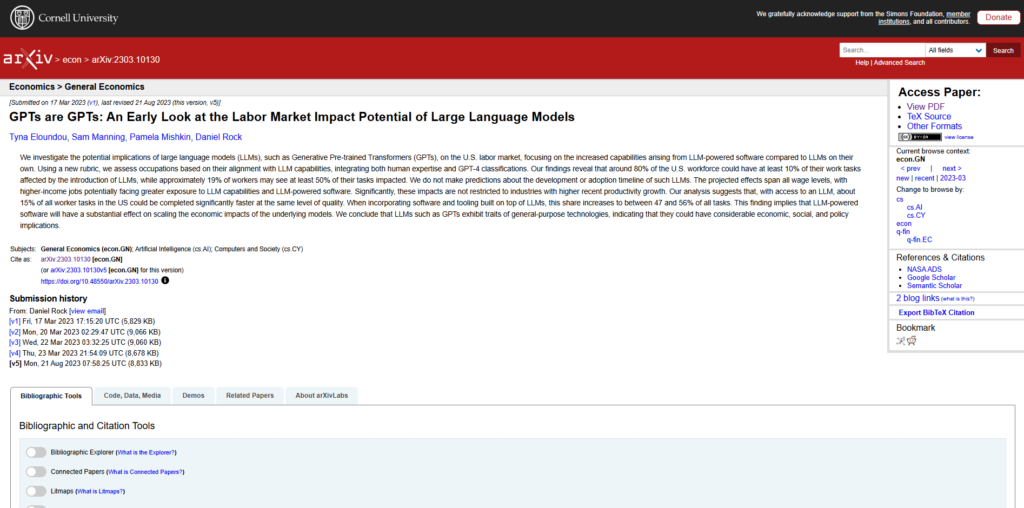 GPTs are GPTs: An Early Look at the Labor Market Impact Potential of Large Language Modelsの論文概要