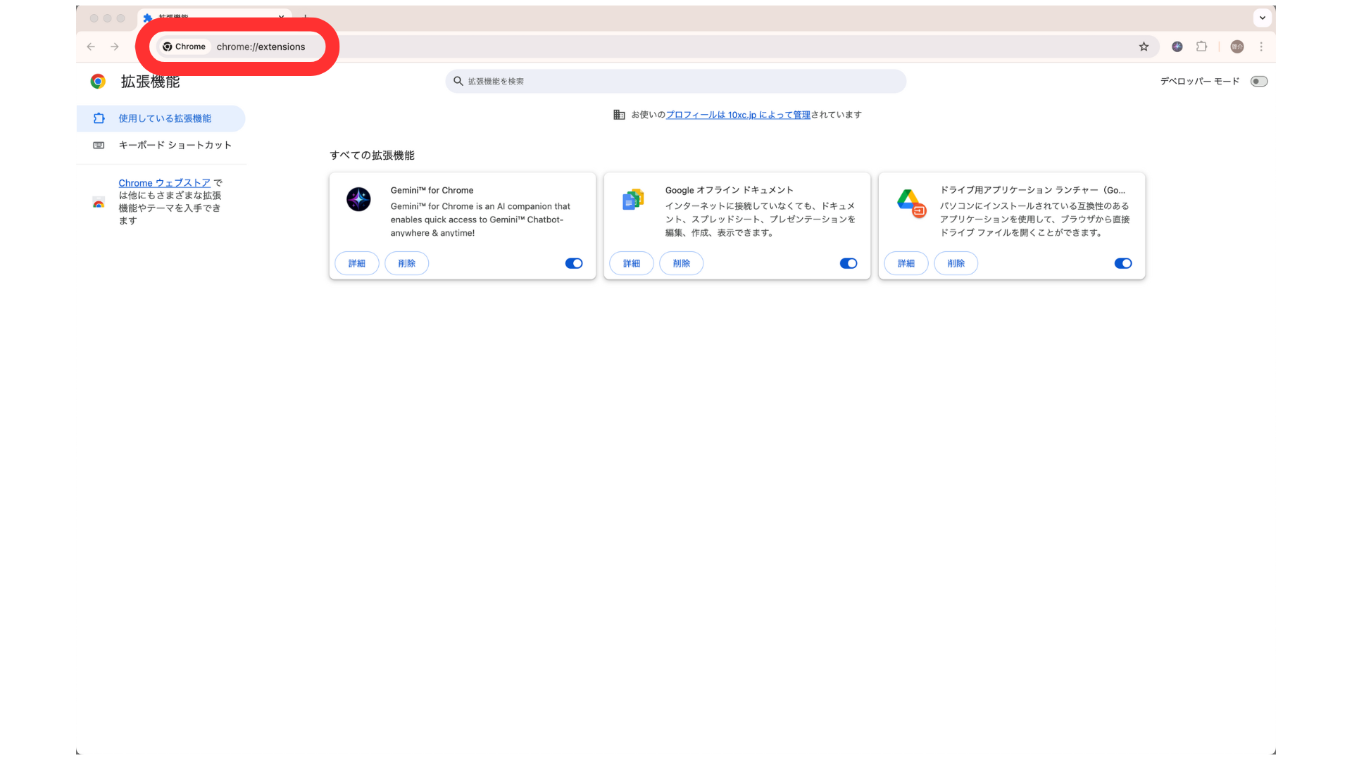 ブラウザでChromeの拡張機能管理画面を表示した画像