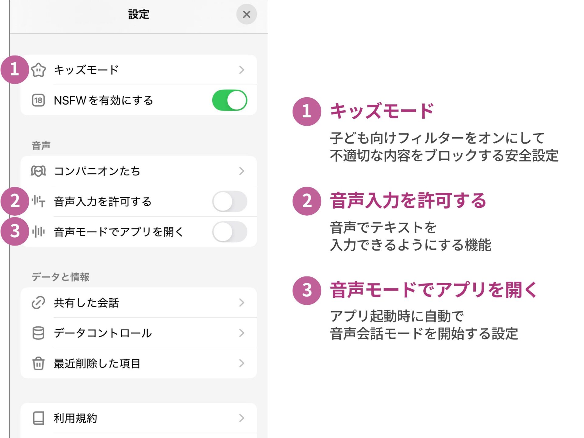 Grok設定画面の解説:1.キッズモード(子ども向けフィルターをオンにして不適切な内容をブロックする安全設定)、2.音声入力を許可する(音声でテキストを入力できるようにする機能)、3.音声モードでアプリを開く(アプリ起動時に自動で音声会話モードを開始する設定)