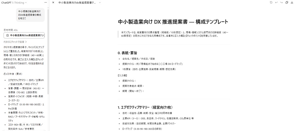 中小規模の製造業向けのDX推進提案書の結果画面