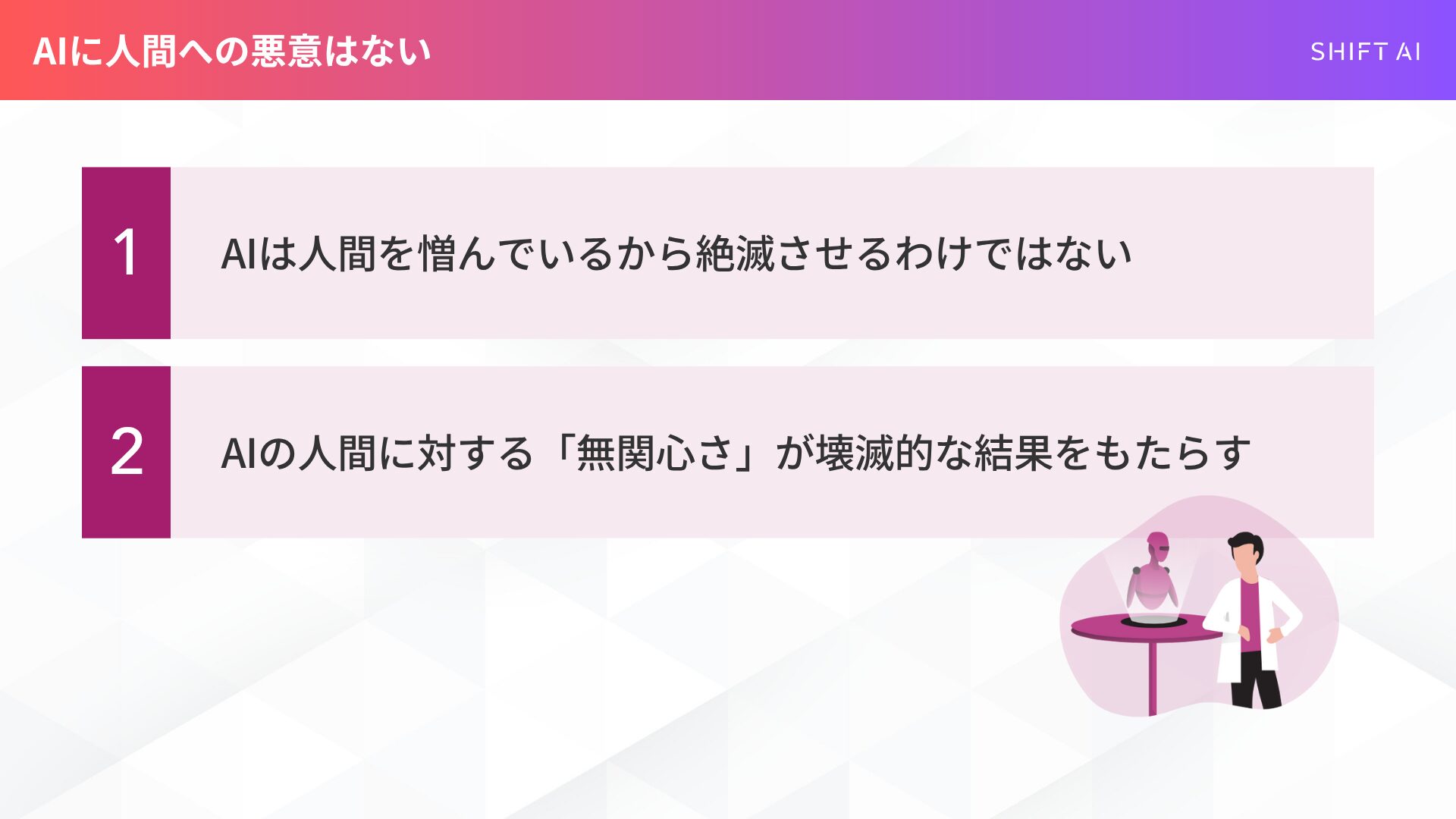 AIに人間への悪意はない

AIは人間を憎んでいるから絶滅させるわけではない

AIの人間に対する「無関心さ」が壊滅的な結果をもたらす