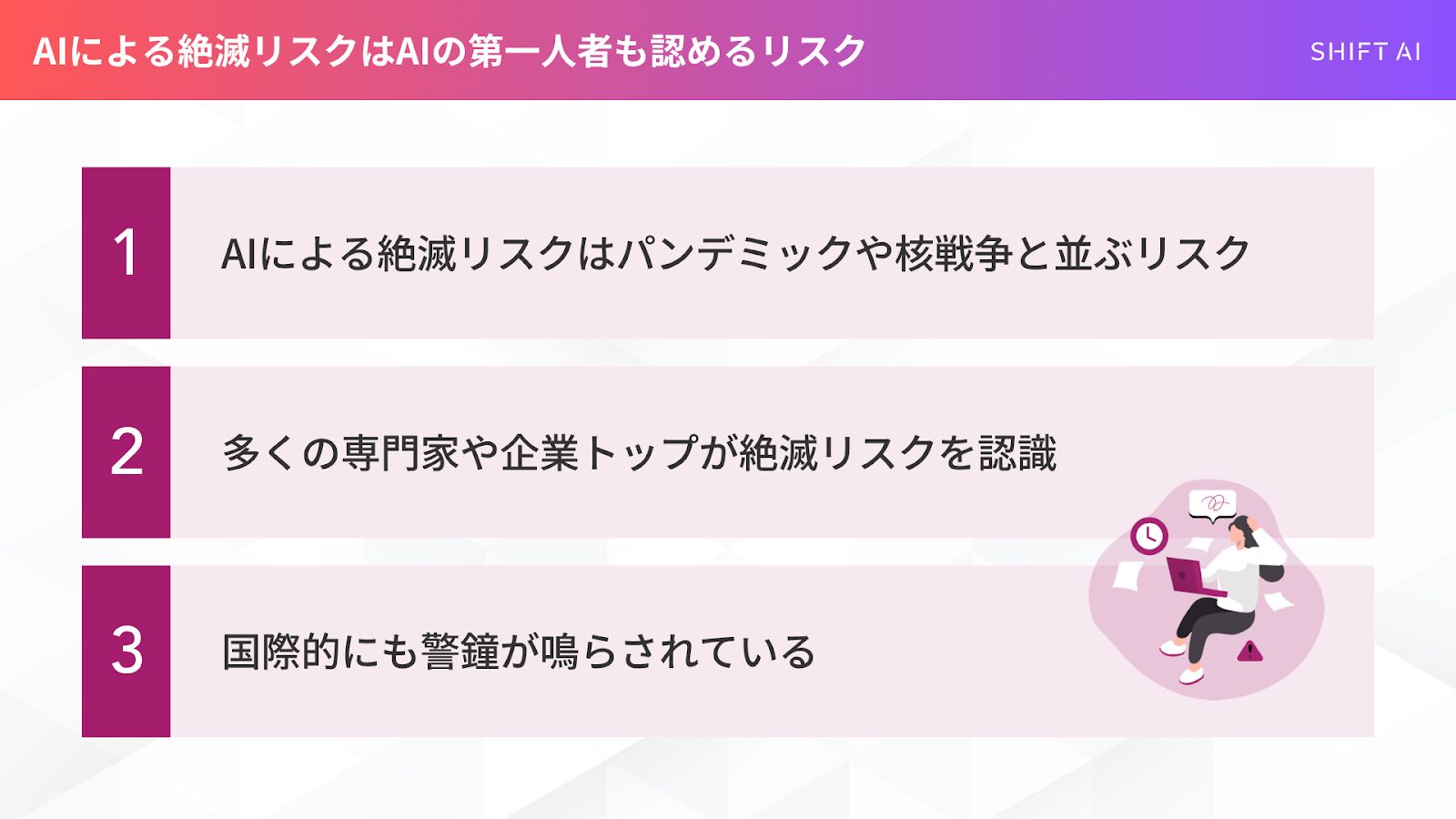 AIによる絶滅リスクはAIの第一人者も認めるリスク

AIによる絶滅リスクはパンデミックや核戦争と並ぶリスク

多くの専門家や企業トップが絶滅リスクを認識

国際的にも警鐘が鳴らされている