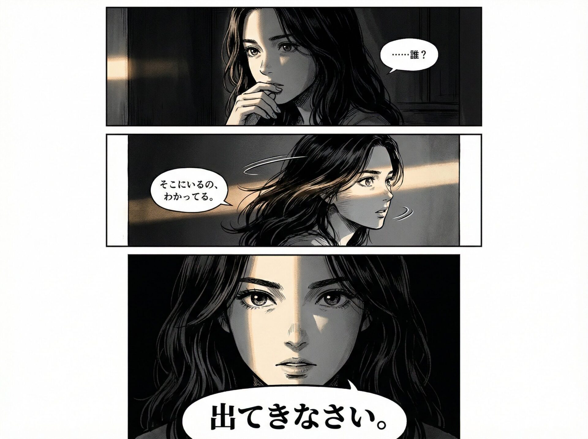 各コマの状況・動き・セリフを順番に描写するプロンプトで生成された漫画