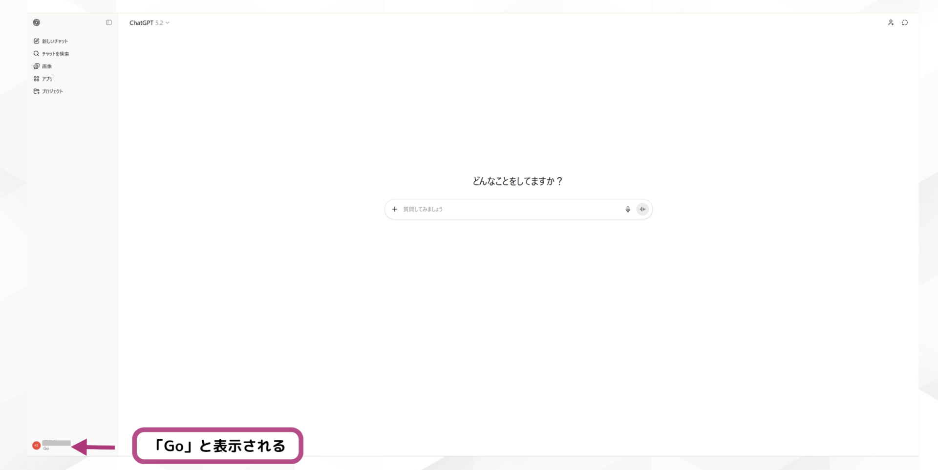 サイドバーに「Go」と表示され、Goプラン加入が確認できる画面