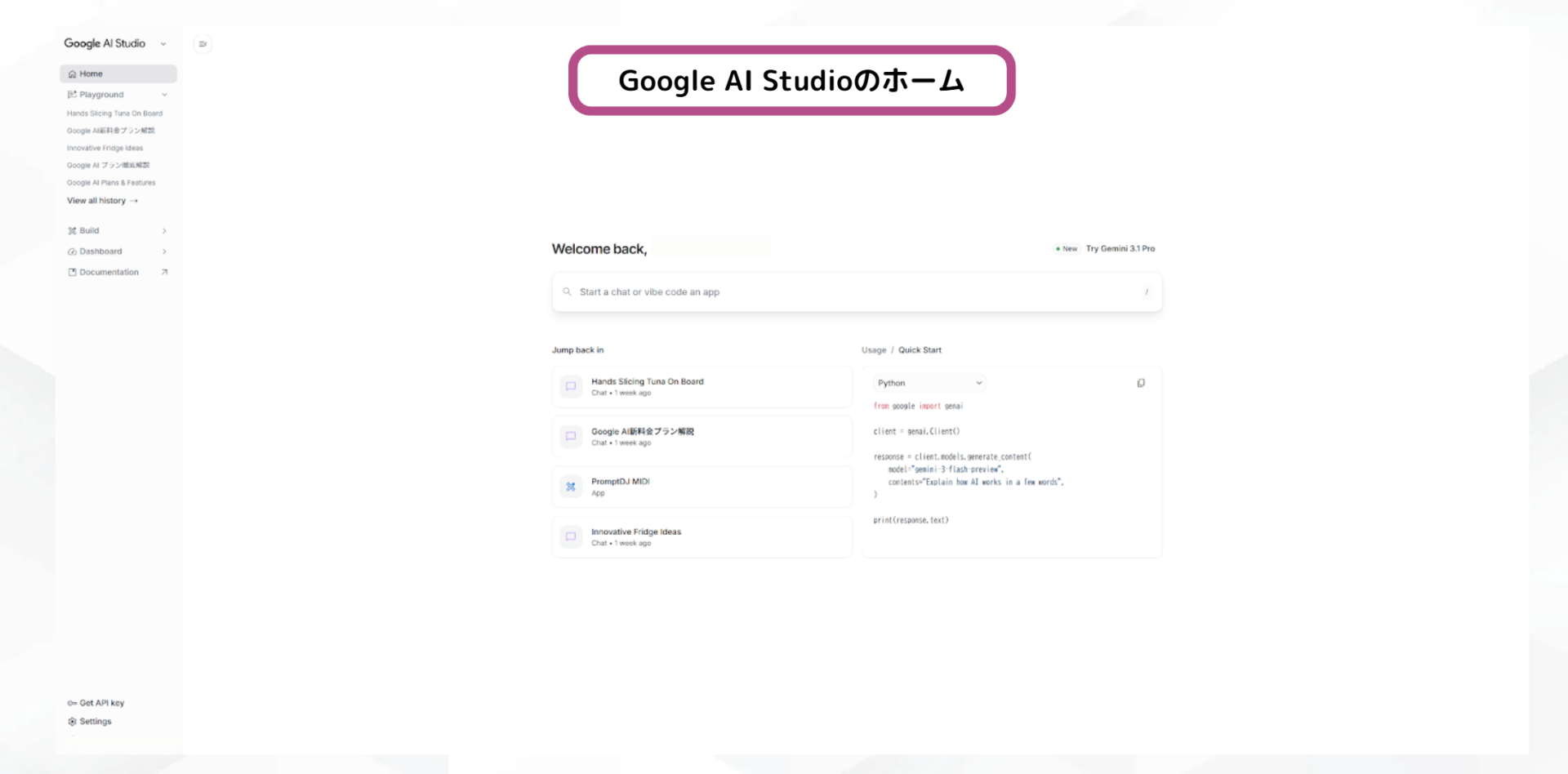 Google AI Studioのホーム画面