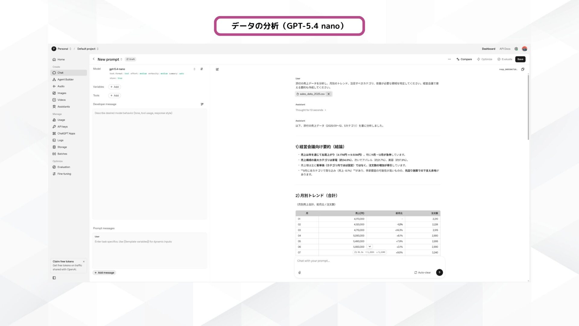 GPT-5.4 nanoによる売上データ分析結果（月別テーブル・カテゴリ構成比・改善提案を含む出力）